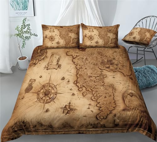 REALIN World Map Prints Bedding Vintage Treasure Maps Duvet Cover Set Bed Sets 2/3/4PCS Quilt Covers/Sheets/Pillow Shams,Twin/Full/Queen/King (A,Full-200x229cm-4PCS)