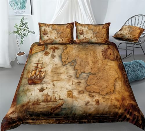 REALIN World Map Prints Bedding Vintage Treasure Maps Duvet Cover Set Bed Sets 2/3/4PCS Quilt Covers/Sheets/Pillow Shams,Twin/Full/Queen/King (A,Full-200x229cm-4PCS)