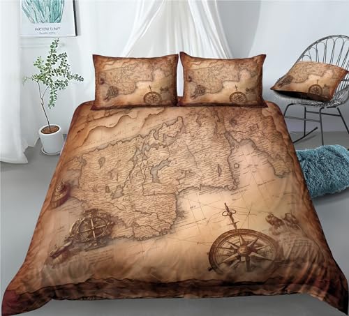 REALIN World Map Prints Bedding Vintage Treasure Maps Duvet Cover Set Bed Sets 2/3/4PCS Quilt Covers/Sheets/Pillow Shams,Twin/Full/Queen/King (A,Full-200x229cm-4PCS)