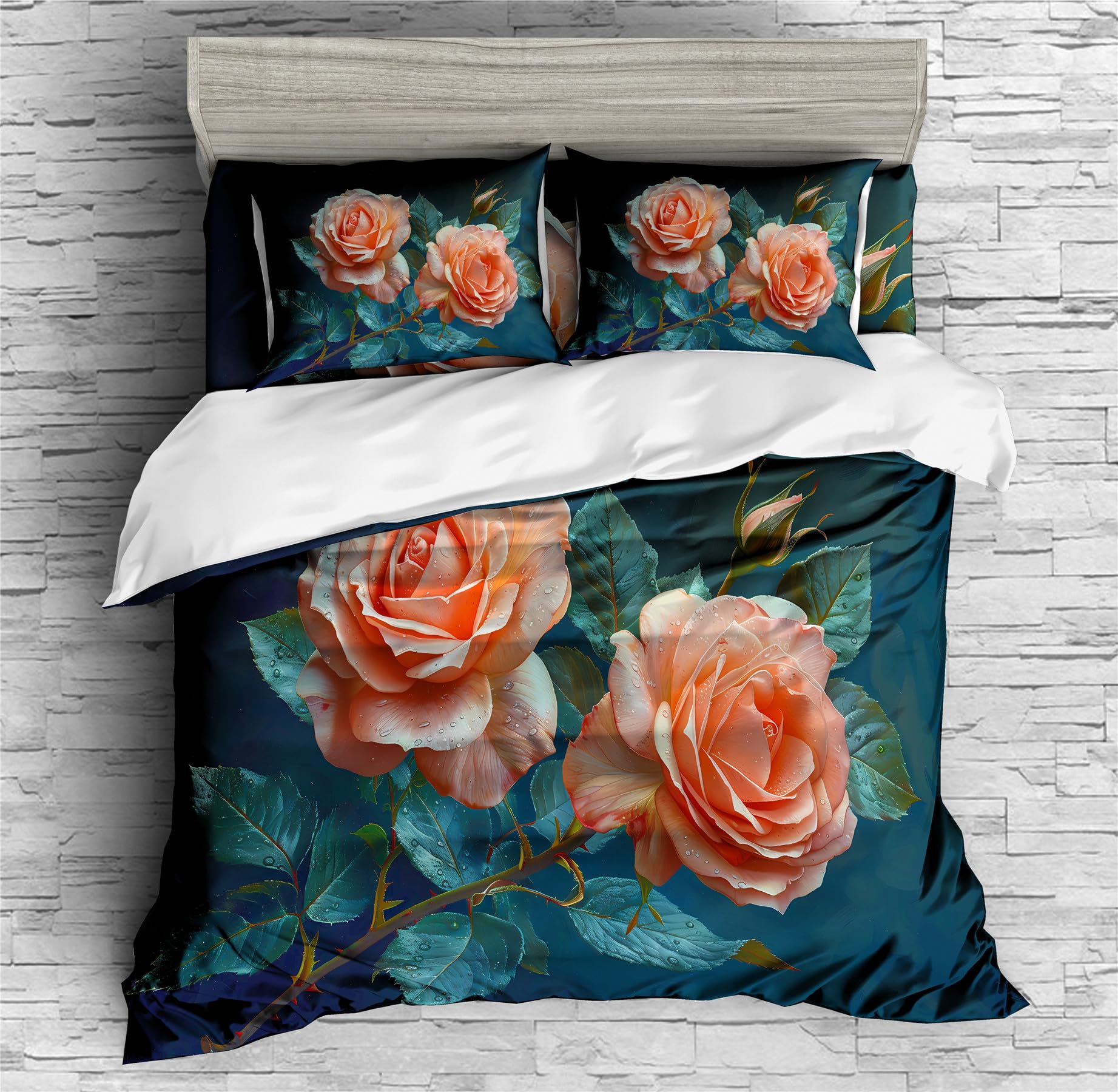 REALIN Sophisticated Rose Blooming Rose Bedding Floral Rose Duvet Cover Set Girl Boy Kids Bed Sets 3/4PCS Quilt Covers/Sheets/Pillow Shams,Twin/Full/Queen/King (A,Queen-228x228cm-3PCS)