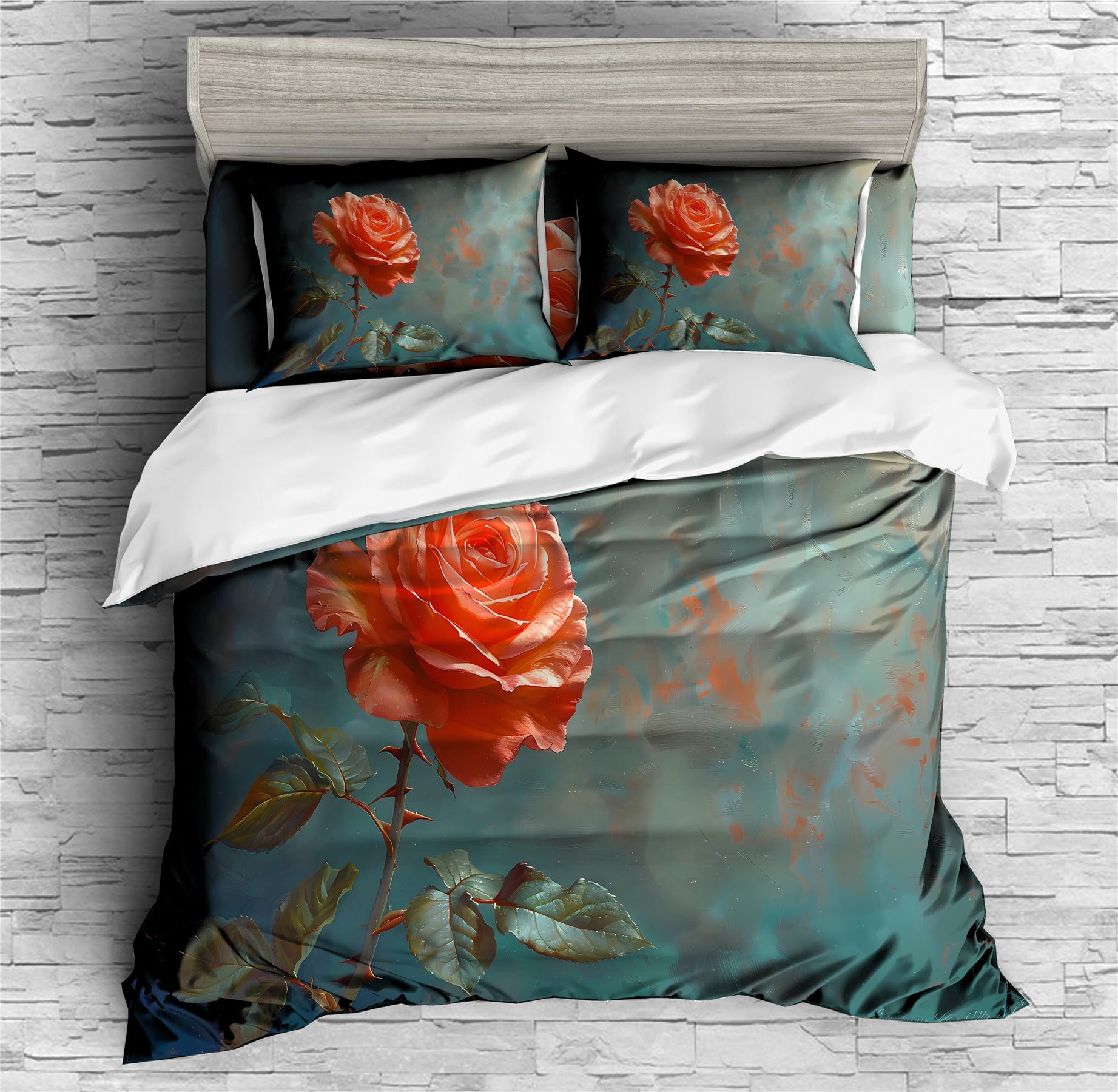 REALIN Sophisticated Rose Blooming Rose Bedding Floral Rose Duvet Cover Set Girl Boy Kids Bed Sets 3/4PCS Quilt Covers/Sheets/Pillow Shams,Twin/Full/Queen/King (A,Queen-228x228cm-3PCS)