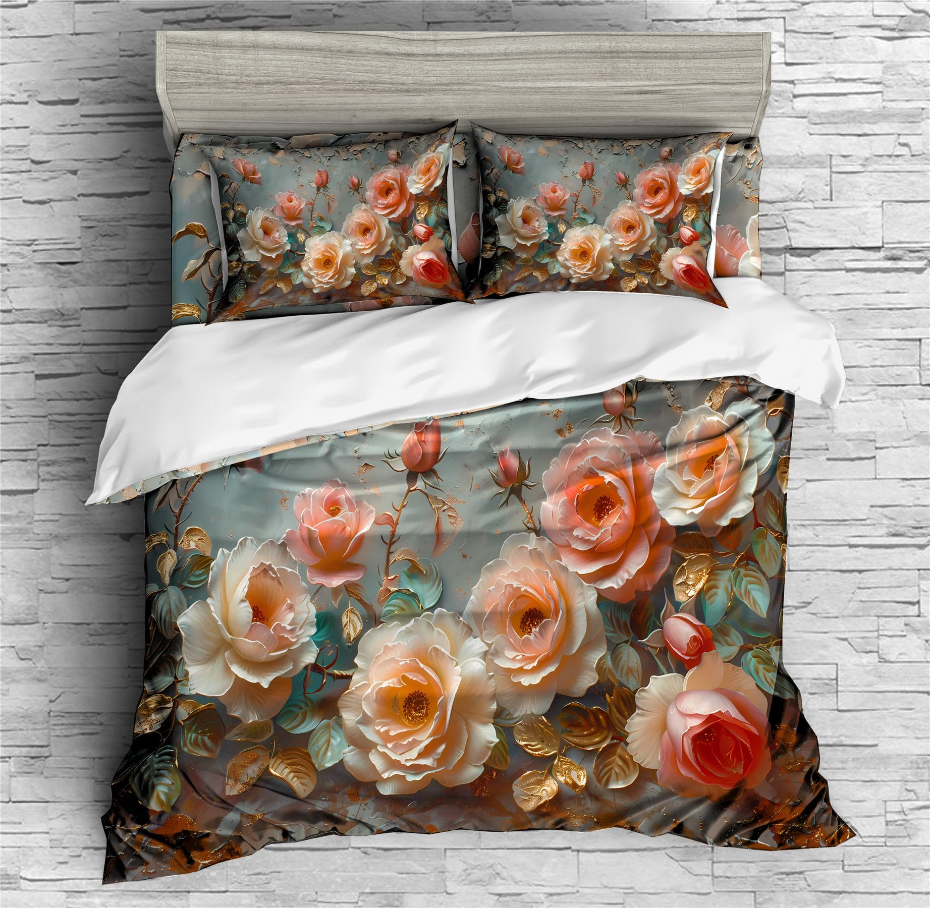 REALIN Sophisticated Rose Blooming Rose Bedding Floral Rose Duvet Cover Set Girl Boy Kids Bed Sets 3/4PCS Quilt Covers/Sheets/Pillow Shams,Twin/Full/Queen/King (A,Queen-228x228cm-3PCS)