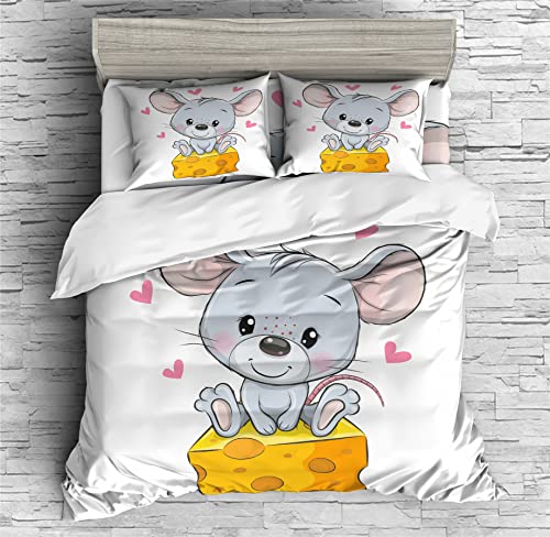 REALIN Rats Animal Print Bedding Cute Mice Stamp Duvet Cover Set Girl Boy Kids Bed Sets 2/3/4PCS Quilt Covers/Sheets/Pillow Shams,Twin/Full/Queen/King (C,Queen-228x228cm-3PCS)