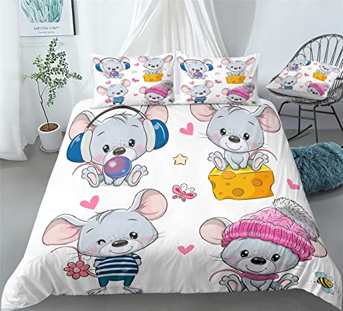 REALIN Rats Animal Print Duvet Cover Set Cute Mice Stamp Bedding Girl Boy Kids Bed Sets 2/3/4PCS Quilt Covers/Sheets/Pillow Shams,Twin/Full/Queen/King (B,Queen-228x228cm-4PCS)
