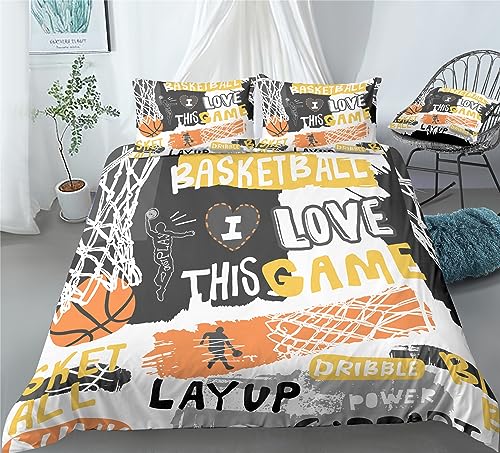 REALIN Basketball Slogan Duvet Cover Set Sports Basketball Slam Dunk Bedding Girl Boy Kids Bed Sets 2/3/4PCS Quilt Covers/Sheets/Pillow Shams,Twin/Full/Queen/King (B,Twin-172x218cm-4PCS)
