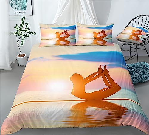 REALIN Yoga Zen Bedding Yoga Exercise Meditation Sunset Seaside Duvet Cover Set Girl Boy Kids Bed Sets 2/3/4PCS Quilt Covers/Sheets/Pillow Shams,Twin/Full/Queen/King (C,Full-200x229cm-3PCS)