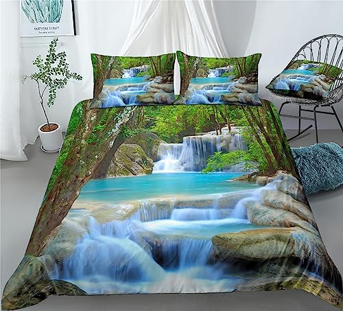 REALIN Wonderland Woodscape Duvet Cover Set Waterfalls Woodland Bedding Girl Boy Kids Bed Sets 2/3/4PCS Quilt Covers/Sheets/Pillow Shams,Twin/Full/Queen/King (C,King-229x259cm-4PCS)
