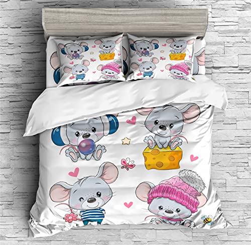 REALIN Rats Animal Print Bedding Cute Mice Stamp Duvet Cover Set Girl Boy Kids Bed Sets 2/3/4PCS Quilt Covers/Sheets/Pillow Shams,Twin/Full/Queen/King (C,Queen-228x228cm-3PCS)
