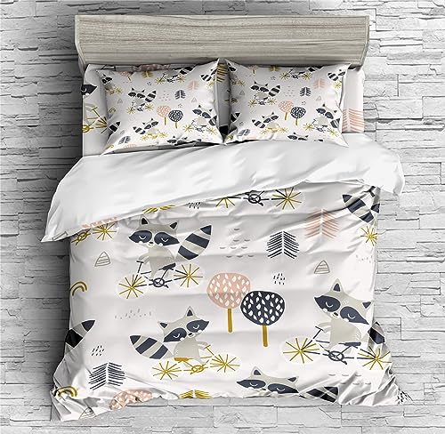 REALIN Raccoon Duvet Cover Set Raccoon Cartoon Forest Animal Bedding Girl Boy Kids Bed Sets 2/3/4PCS Quilt Covers/Sheets/Pillow Shams,Twin/Full/Queen/King (B,King-229x259cm-3PCS)