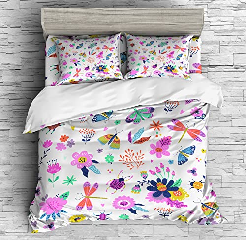 REALIN Butterfly Wings Prints Duvet Cover Set Butterfly Prints Flowers Bedding Girl Boy Kids Bed Sets 2/3/4PCS Quilt Covers/Sheets/Pillow Shams,Twin/Full/Queen/King (B,Twin-172x218cm-3PCS)