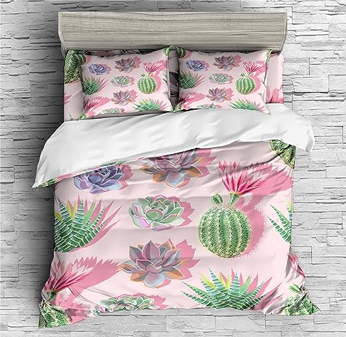 REALIN Cactus Flower Duvet Cover Set Pink Succulent Flowers Bedding Girl Boy Kids Bed Sets 2/3/4PCS Quilt Covers/Sheets/Pillow Shams,Twin/Full/Queen/King (C,King-229x259cm-3PCS)