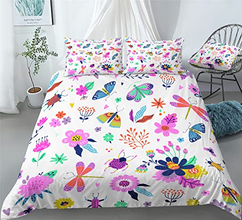 REALIN Butterfly Wings Prints Bedding Butterfly Prints Flowers Duvet Cover Set Girl Boy Kids Bed Sets 2/3/4PCS Quilt Covers/Sheets/Pillow Shams,Twin/Full/Queen/King (B,Twin-172x218cm-3PCS)