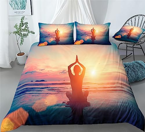 REALIN Yoga Zen Bedding Yoga Exercise Meditation Sunset Seaside Duvet Cover Set Girl Boy Kids Bed Sets 2/3/4PCS Quilt Covers/Sheets/Pillow Shams,Twin/Full/Queen/King (C,Full-200x229cm-3PCS)