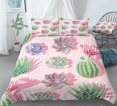 REALIN Cactus Flower Bedding Pink Succulent Flowers Duvet Cover Set Girl Boy Kids Bed Sets 2/3/4PCS Quilt Covers/Sheets/Pillow Shams,Twin/Full/Queen/King (B,Full-200x229cm-4PCS)