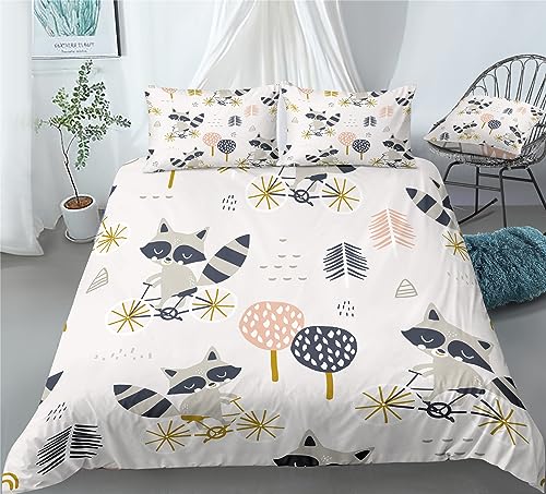 REALIN Raccoon Bedding Raccoon Cartoon Forest Animal Duvet Cover Set Girl Boy Kids Bed Sets 2/3/4PCS Quilt Covers/Sheets/Pillow Shams,Twin/Full/Queen/King (B,Full-200x229cm-4PCS)