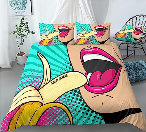 REALIN Red Lips Duvet Cover Set Girl Banana Bikini Bedding Girl Boy Kids Bed Sets 2/3/4PCS Quilt Covers/Sheets/Pillow Shams,Twin/Full/Queen/King (A,Full-200x229cm-3PCS)