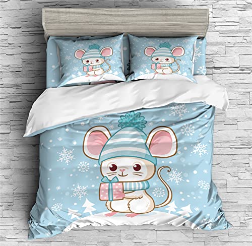 REALIN Rats Animal Print Bedding Cute Mice Stamp Duvet Cover Set Girl Boy Kids Bed Sets 2/3/4PCS Quilt Covers/Sheets/Pillow Shams,Twin/Full/Queen/King (C,Queen-228x228cm-3PCS)