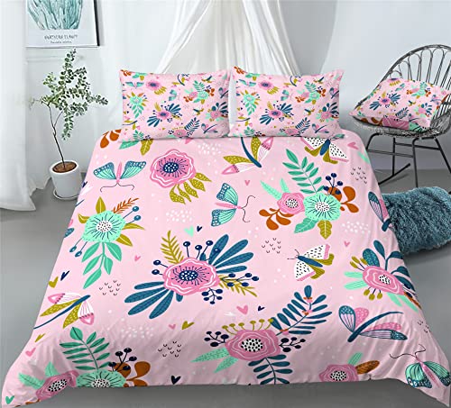 REALIN Butterfly Wings Prints Bedding Butterfly Prints Flowers Duvet Cover Set Girl Boy Kids Bed Sets 2/3/4PCS Quilt Covers/Sheets/Pillow Shams,Twin/Full/Queen/King (B,Twin-172x218cm-3PCS)