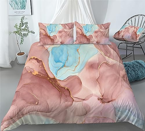 REALIN Blue Pink Marble Bedding Colorful Swirl Marble Duvet Cover Set Girl Boy Kids Bed Sets 2/3/4PCS Quilt Covers/Sheets/Pillow Shams,Twin/Full/Queen/King (A,Full-200x229cm-4PCS)