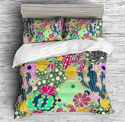 REALIN Cactus Flower Bedding Cactus Plants Succulent Plant Duvet Cover Set Girl Boy Kids Bed Sets 2/3/4PCS Quilt Covers/Sheets/Pillow Shams,Twin/Full/Queen/King (B,Full-200x229cm-3PCS)