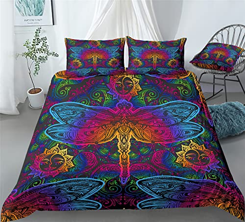 REALIN Cartoon Dragonfly Bedding Cute Insect Print Duvet Cover Set Girl Boy Kids Bed Sets 2/3/4PCS Quilt Covers/Sheets/Pillow Shams,Twin/Full/Queen/King (B,Full-200x229cm-3PCS)