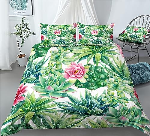REALIN Cactus Flower Bedding Pink Succulent Flowers Duvet Cover Set Girl Boy Kids Bed Sets 2/3/4PCS Quilt Covers/Sheets/Pillow Shams,Twin/Full/Queen/King (B,Full-200x229cm-4PCS)