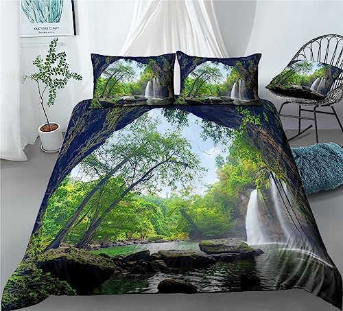 REALIN Wonderland Woodscape Duvet Cover Set Waterfalls Woodland Bedding Girl Boy Kids Bed Sets 2/3/4PCS Quilt Covers/Sheets/Pillow Shams,Twin/Full/Queen/King (C,King-229x259cm-4PCS)