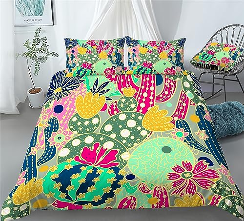 REALIN Cactus Flower Duvet Cover Set Cactus Plants Succulent Plant Bedding Girl Boy Kids Bed Sets 2/3/4PCS Quilt Covers/Sheets/Pillow Shams,Twin/Full/Queen/King (B,Queen-228x228cm-4PCS)