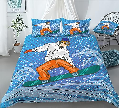 REALIN Snowboarding Snow Mountain Bedding Skiing Snowy Peaks Duvet Cover Set Girl Boy Kids Bed Sets 2/3/4PCS Quilt Covers/Sheets/Pillow Shams,Twin/Full/Queen/King (C,Twin-172x218cm-4PCS)