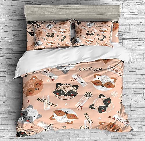 REALIN Raccoon Duvet Cover Set Raccoon Cartoon Forest Animal Bedding Girl Boy Kids Bed Sets 2/3/4PCS Quilt Covers/Sheets/Pillow Shams,Twin/Full/Queen/King (B,King-229x259cm-3PCS)