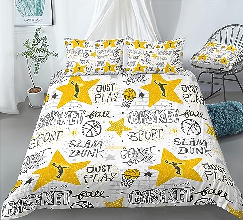 REALIN Basketball Slogan Duvet Cover Set Sports Basketball Slam Dunk Bedding Girl Boy Kids Bed Sets 2/3/4PCS Quilt Covers/Sheets/Pillow Shams,Twin/Full/Queen/King (B,Twin-172x218cm-4PCS)