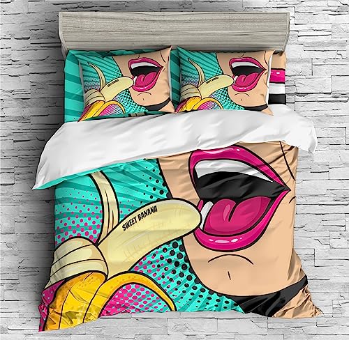 REALIN Red Lips Bedding Girl Banana Bikini Duvet Cover Set Girl Boy Kids Bed Sets 2/3/4PCS Quilt Covers/Sheets/Pillow Shams,Twin/Full/Queen/King (A,Queen-228x228cm-3PCS)