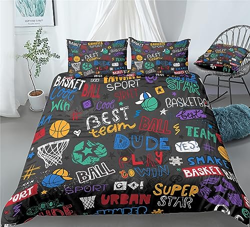 REALIN Basketball Cartoon Basketball Bedding Basketball Slogans Duvet Cover Set Girl Boy Kids Bed Sets 2/3/4PCS Quilt Covers/Sheets/Pillow Shams,Twin/Full/Queen/King (B,Queen-228x228cm-3PCS)