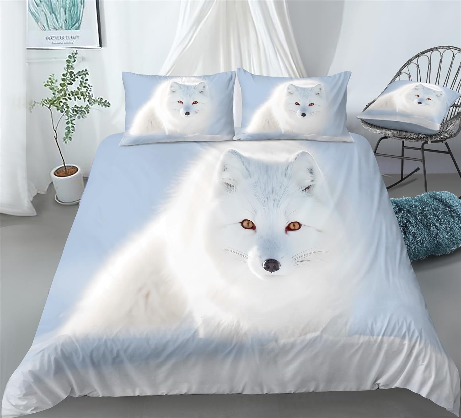 REALIN Snow Fox Animals Bedding Arctic Fox Wildlife Duvet Cover Set Girl Boy Kids Bed Sets 2/3/4PCS Quilt Covers/Sheets/Pillow Shams,Twin/Full/Queen/King (C,Queen-228x228cm-4PCS)