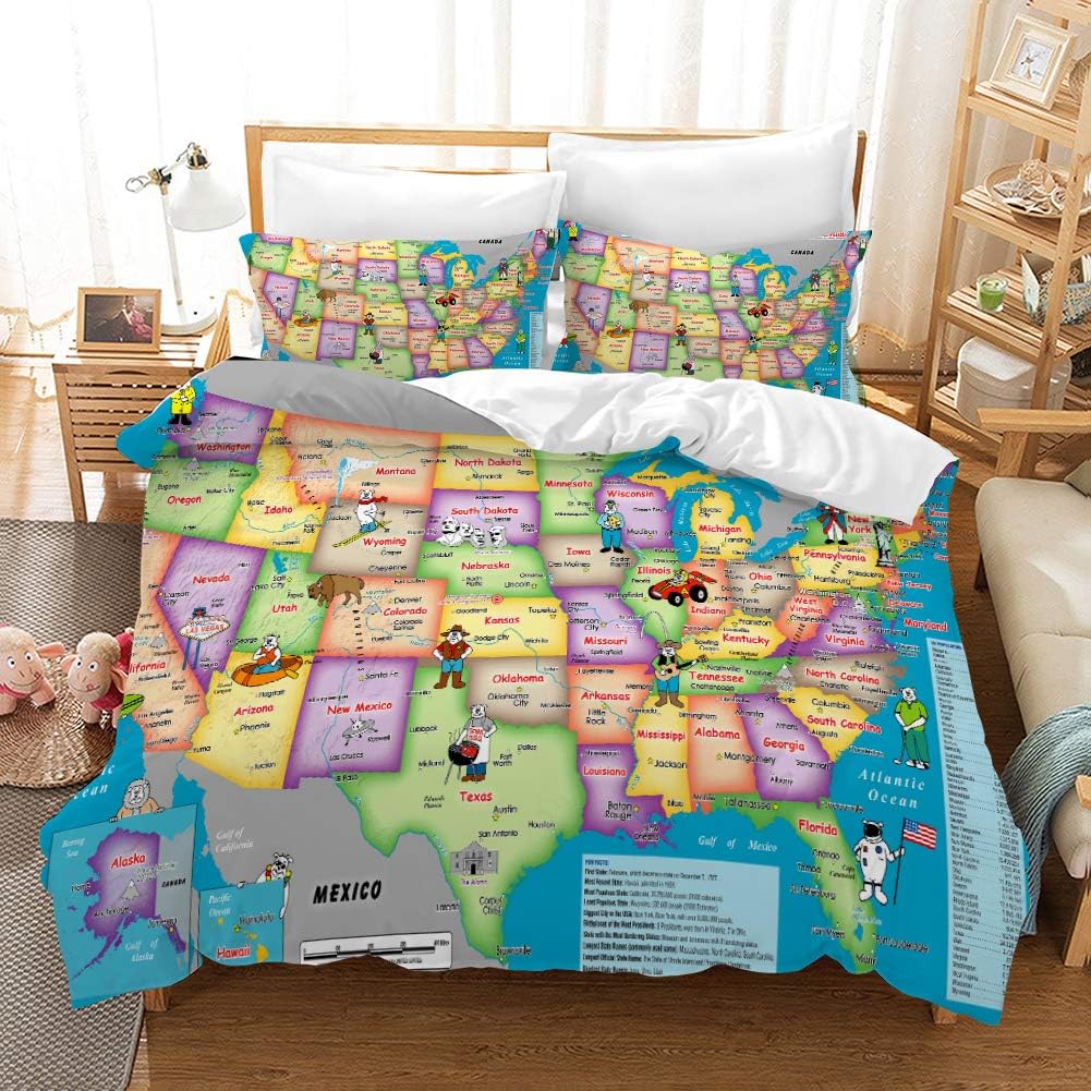 REALIN World Map Duvet Cover Set 3D Bedding Warp and Weft Net Geography Bed Sets 2/3/4PCS Quilt Covers/Sheets/Pillow Shams,Twin/Full/Queen/King (Queen-228x228cm-3PCS,A)