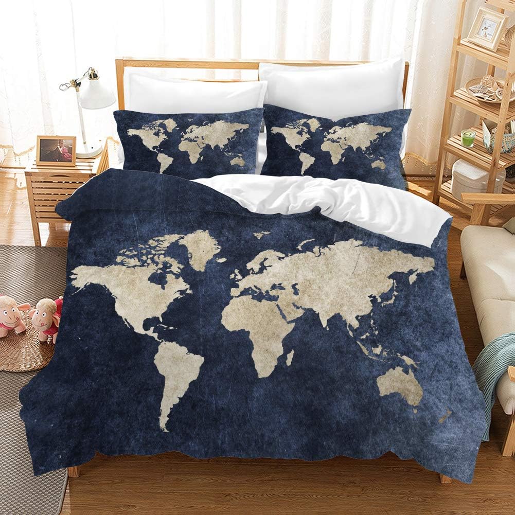REALIN World Map Duvet Cover Set 3D Bedding Warp and Weft Net Geography Bed Sets 2/3/4PCS Quilt Covers/Sheets/Pillow Shams,Twin/Full/Queen/King (Queen-228x228cm-3PCS,A)