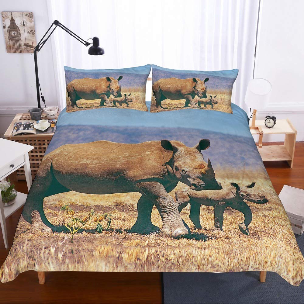 REALIN Wild Rhinoceros Bedding The Rhino Family of The Grasslands Duvet Cover Set for Children and Adult,2/3/4PCS Microfiber Quilt Cover/Sheet/Pillow Shams,Twin/Full/Queen/King Size