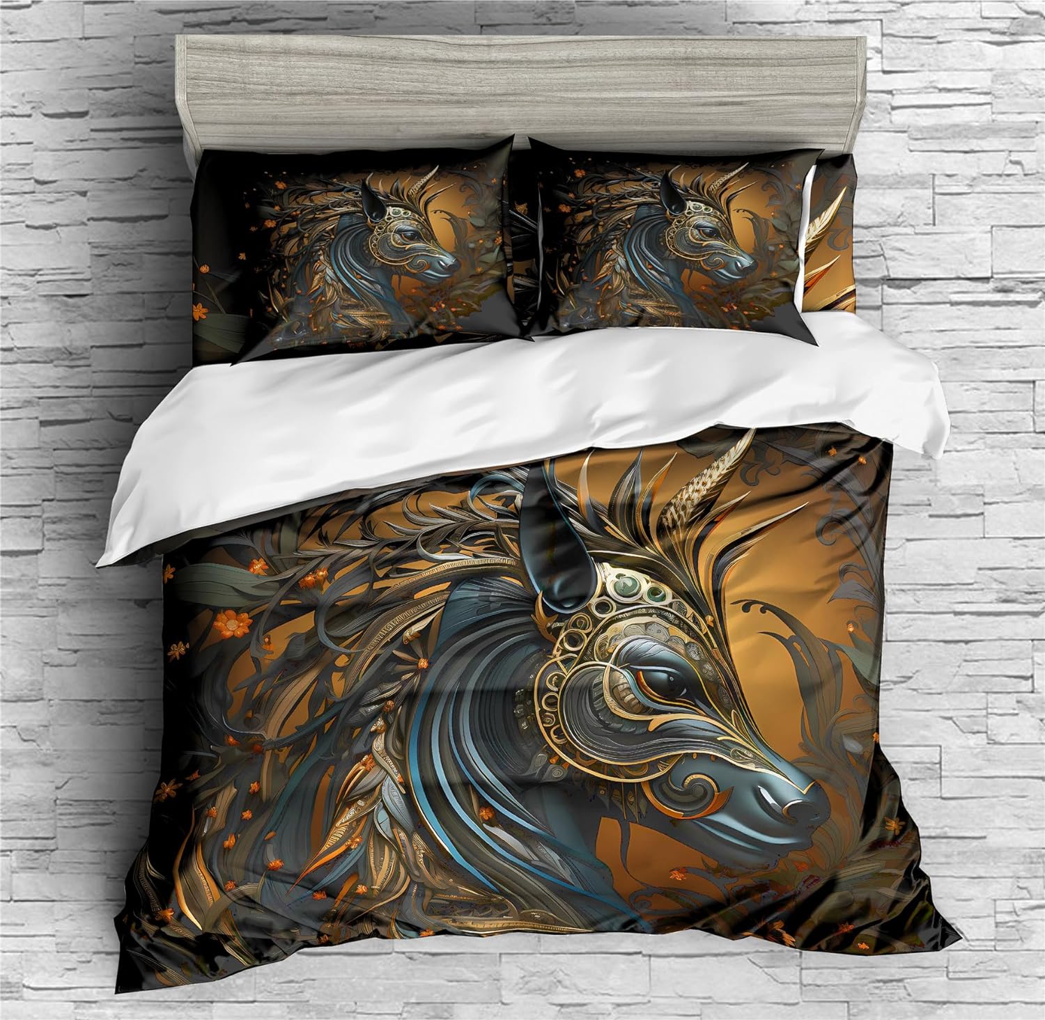 REALIN Black Wildlife Unicorn Bedding War-Horse Unicorn Duvet Cover Set Girl Boy Kids Bed Sets 2/3/4PCS Quilt Covers/Sheets/Pillow Shams,Twin/Full/Queen/King (B,King-229x259cm-4PCS)