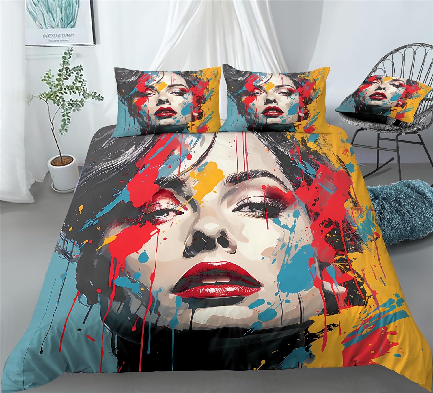 REALIN Retro City Design POP Art Bedding Women Duvet Cover Set Retro POP Art Classics Women Art Bed Sets 2/3/4PCS Quilt Covers/Sheets/Pillow Shams,Twin/Full/Queen/King (A,Full-200x229cm-4PCS)