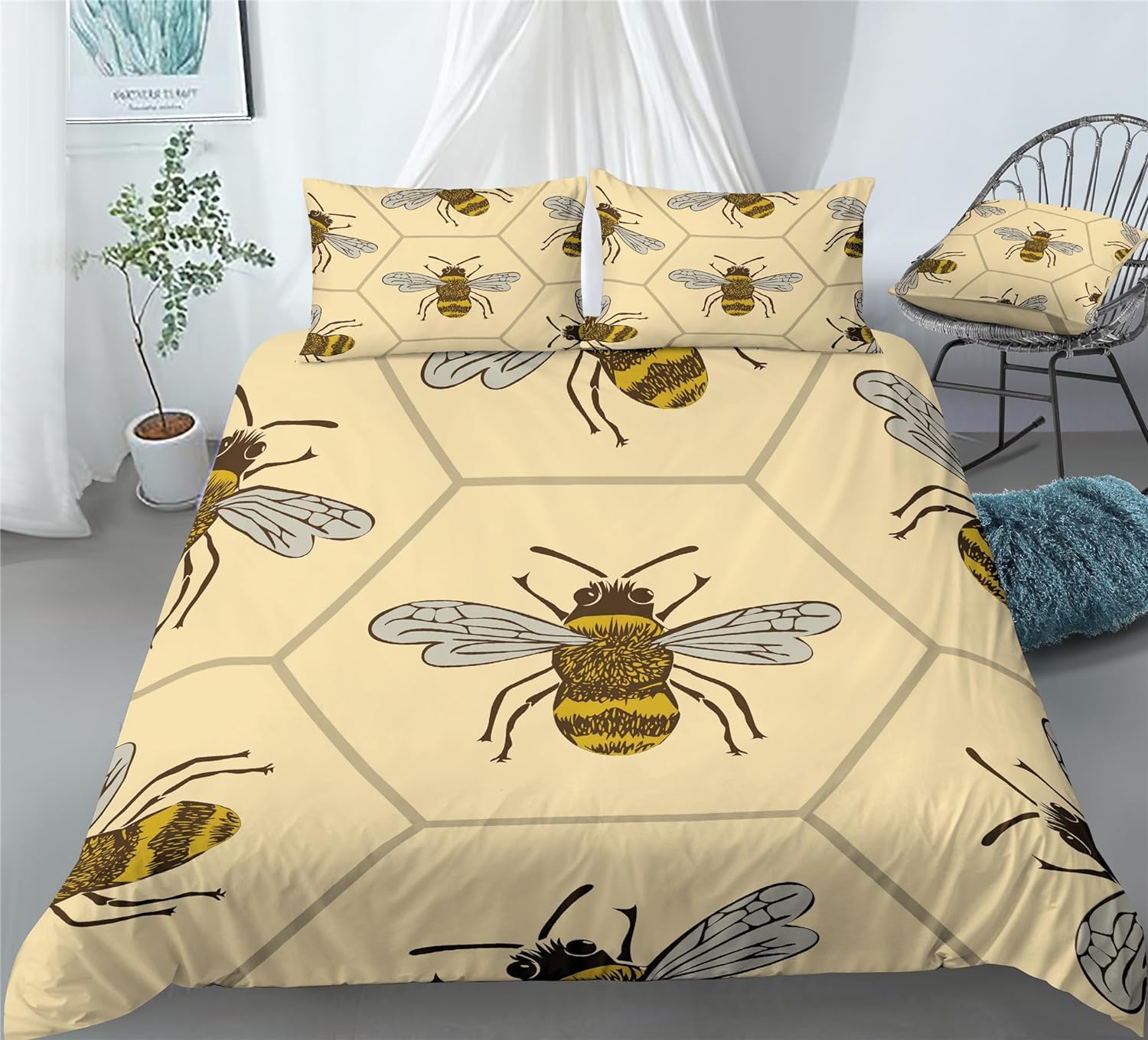 REALIN Bee Animal Bedding Cartoon Honeybee Wasp Duvet Cover Set Girl Boy Kids Bed Sets 2/3/4PCS Quilt Covers/Sheets/Pillow Shams,Twin/Full/Queen/King (B,Queen-228x228cm-3PCS)