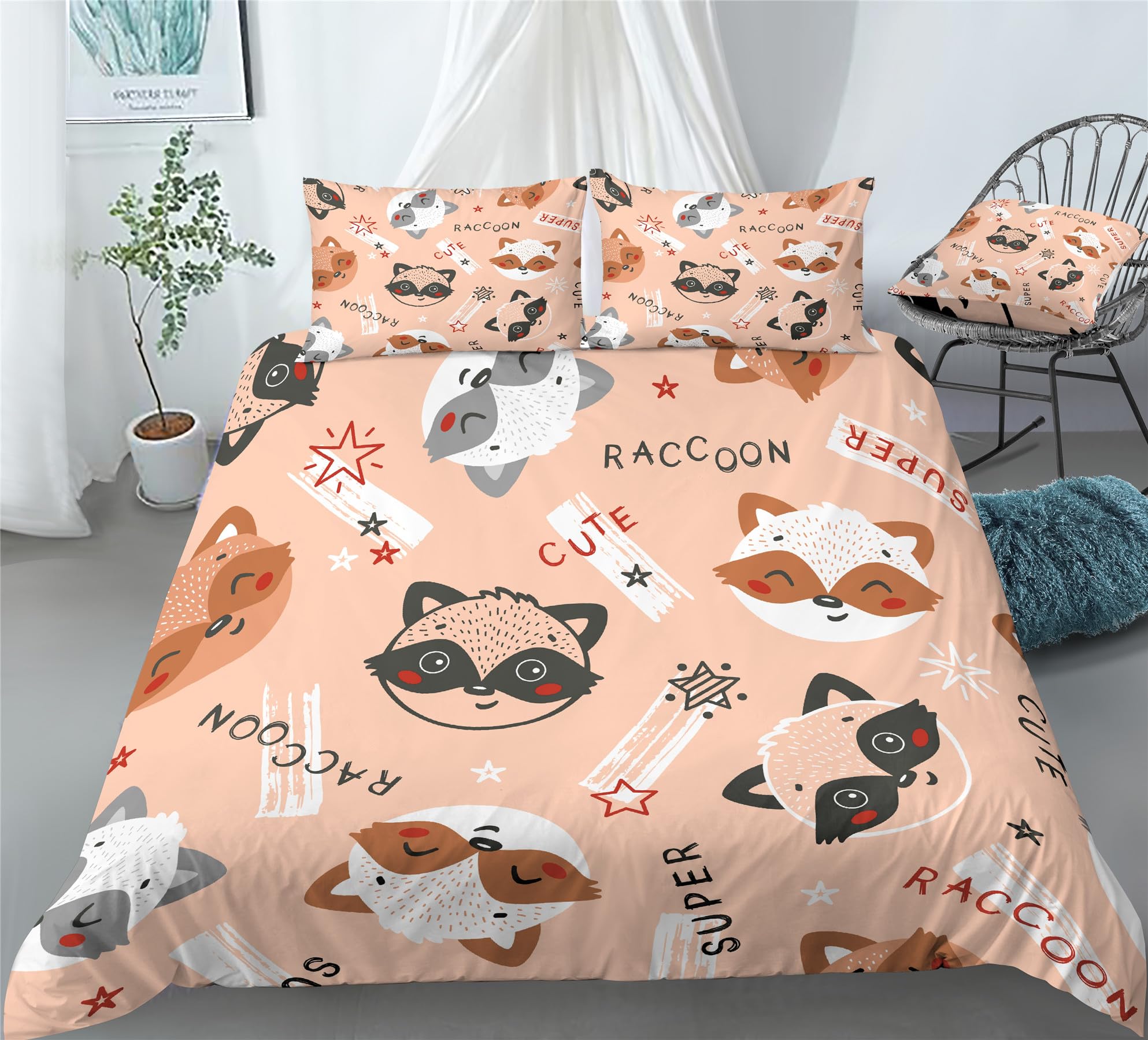 REALIN Raccoon Bedding Raccoon Cartoon Forest Animal Duvet Cover Set Girl Boy Kids Bed Sets 2/3/4PCS Quilt Covers/Sheets/Pillow Shams,Twin/Full/Queen/King (B,Full-200x229cm-4PCS)