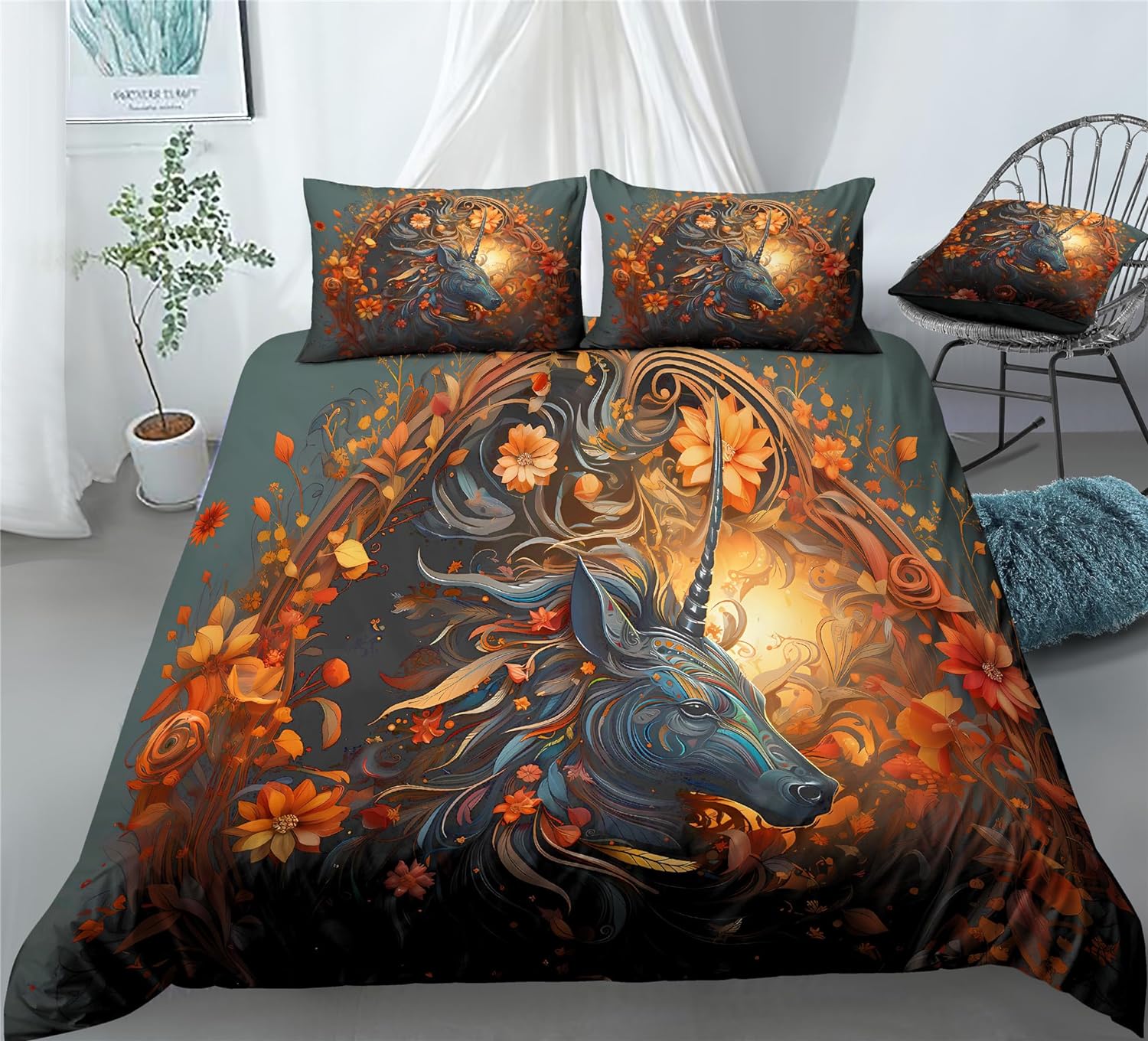 REALIN Black Wildlife Unicorn Wildlife Duvet Cover Set War-Horse Unicorn Bedding Girl Boy Kids Bed Sets 2/3/4PCS Quilt Covers/Sheets/Pillow Shams,Twin/Full/Queen/King (C,Twin-172x218cm-4PCS)