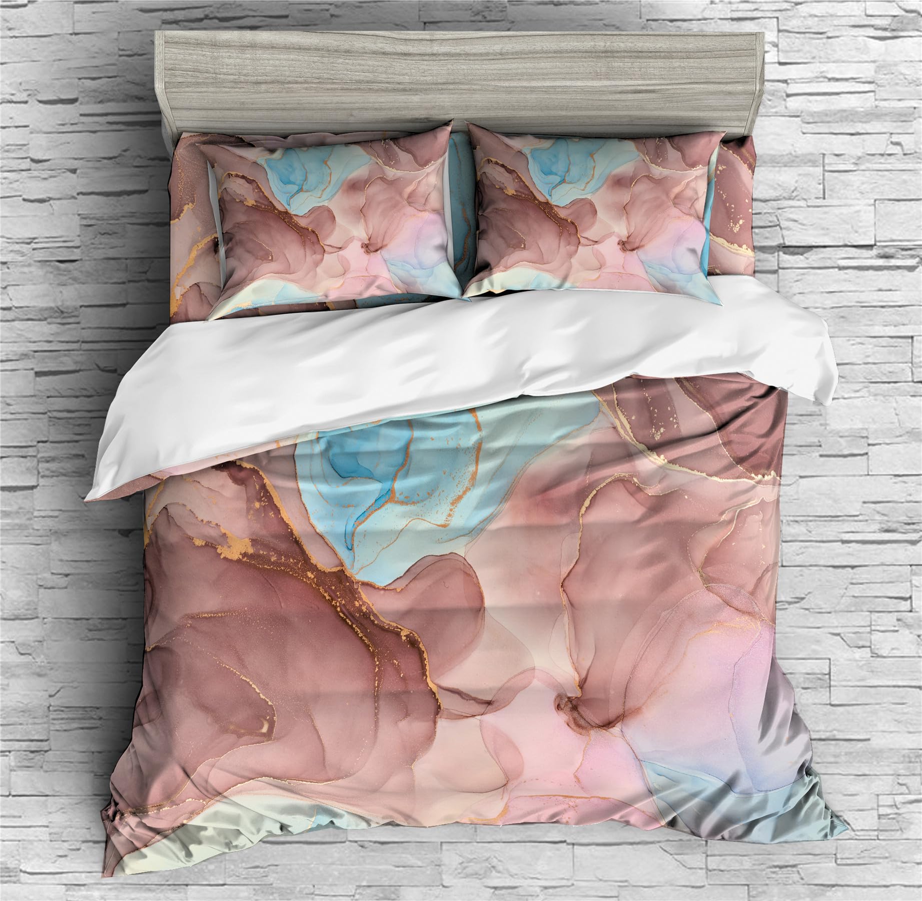 REALIN Blue Pink Marble Duvet Cover Set Colorful Swirl Marble Bedding Girl Boy Kids Bed Sets 2/3/4PCS Quilt Covers/Sheets/Pillow Shams,Twin/Full/Queen/King (A,Full-200x229cm-3PCS)