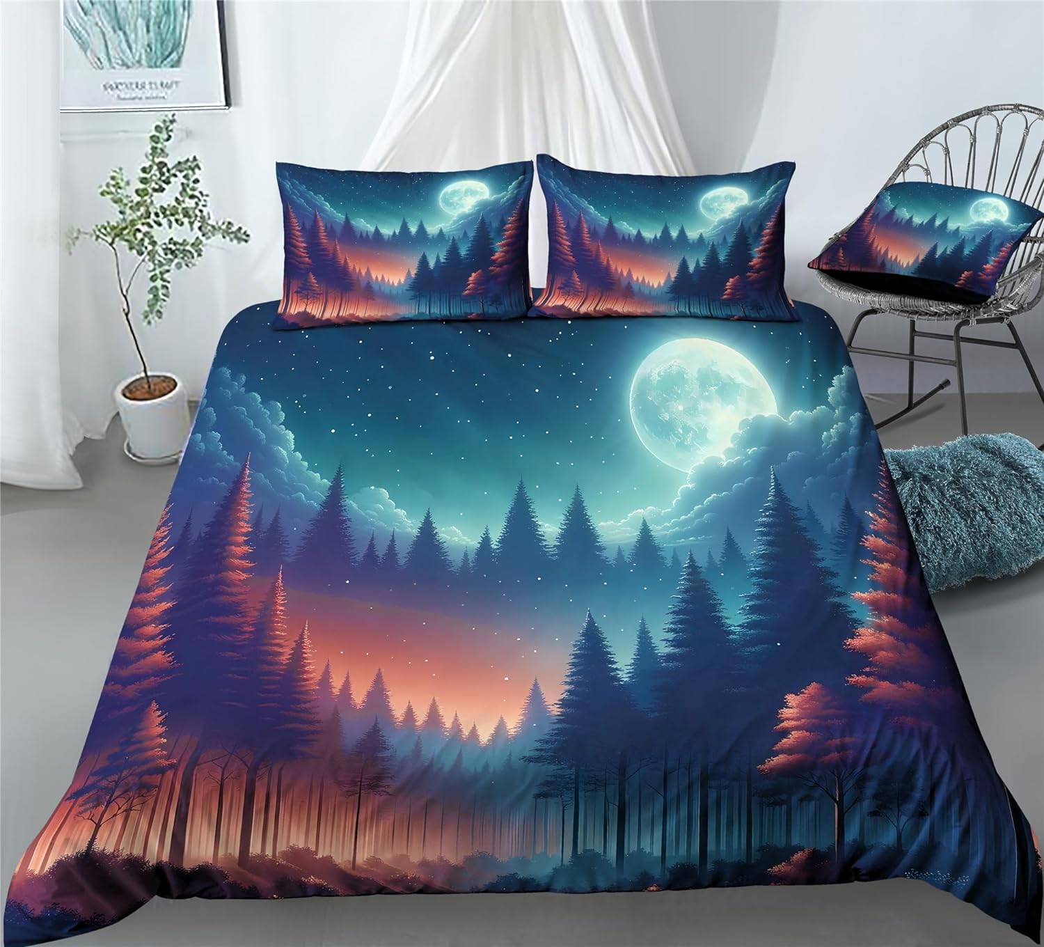 Forests Clouds and Mist Bedding Starry Sky Mountain Range Duvet Cover Set