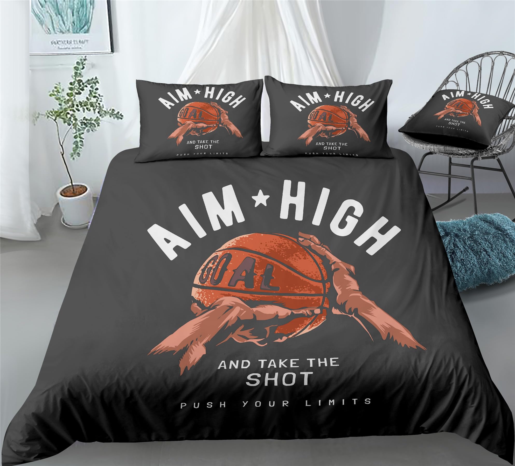 REALIN Basketball One-Hand Shot Duvet Cover Set Basketball Sports Bedding Girl Boy Kids Bed Sets 2/3/4PCS Quilt Covers/Sheets/Pillow Shams,Twin/Full/Queen/King (A,Full-200x229cm-3PCS)
