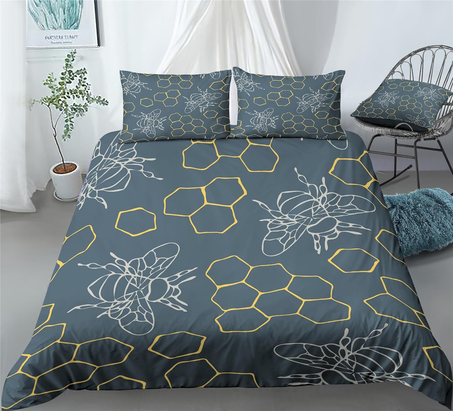 REALIN Bee Animals Prints Duvet Cover Set Honeybees Sweet Beehive Bedding Girl Boy Kids Bed Sets 2/3/4PCS Quilt Covers/Sheets/Pillow Shams,Twin/Full/Queen/King (B,King-229x259cm-3PCS)