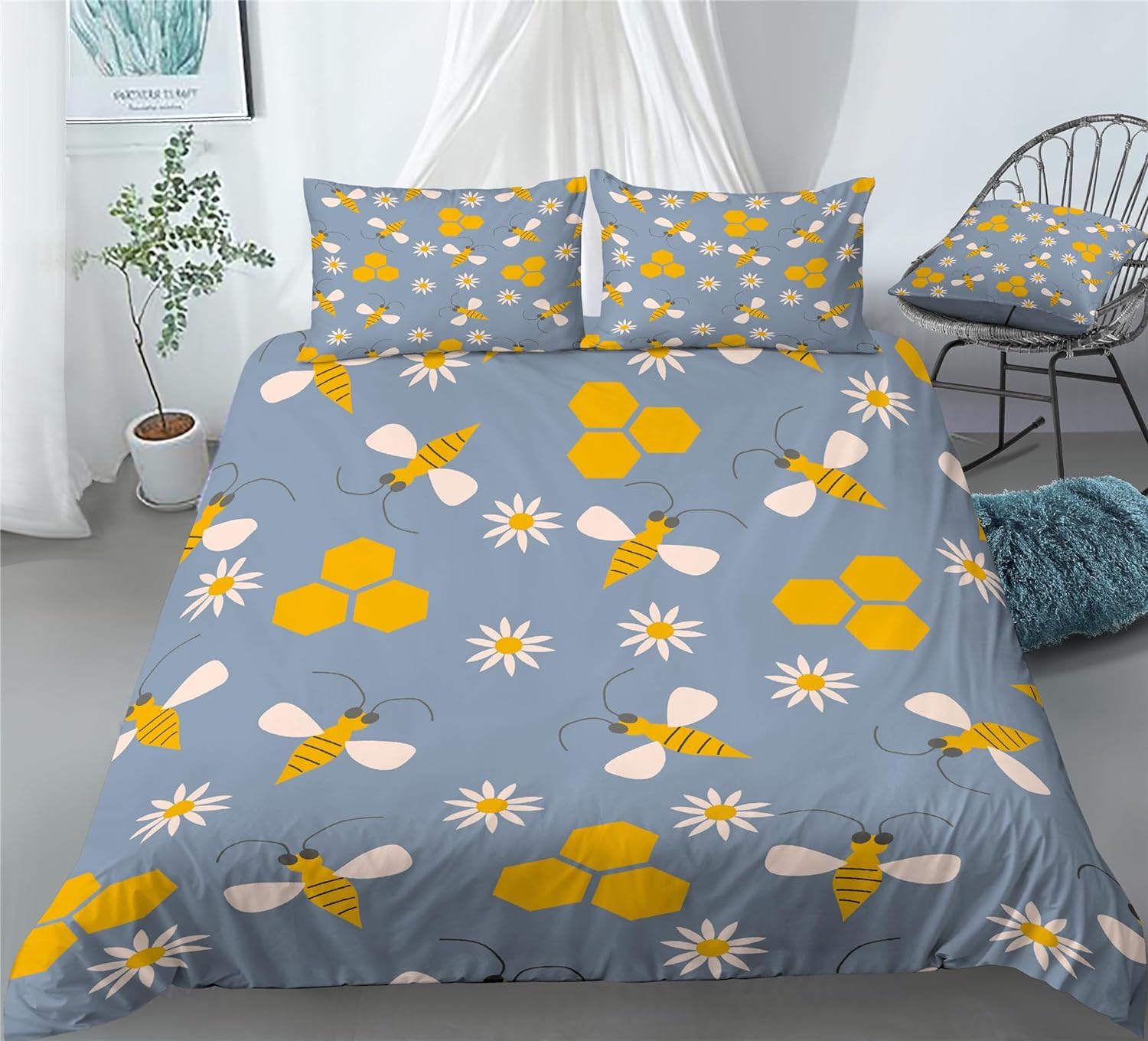 REALIN Bee Animal Bedding Cartoon Honeybee Wasp Duvet Cover Set Girl Boy Kids Bed Sets 2/3/4PCS Quilt Covers/Sheets/Pillow Shams,Twin/Full/Queen/King (B,Queen-228x228cm-3PCS)