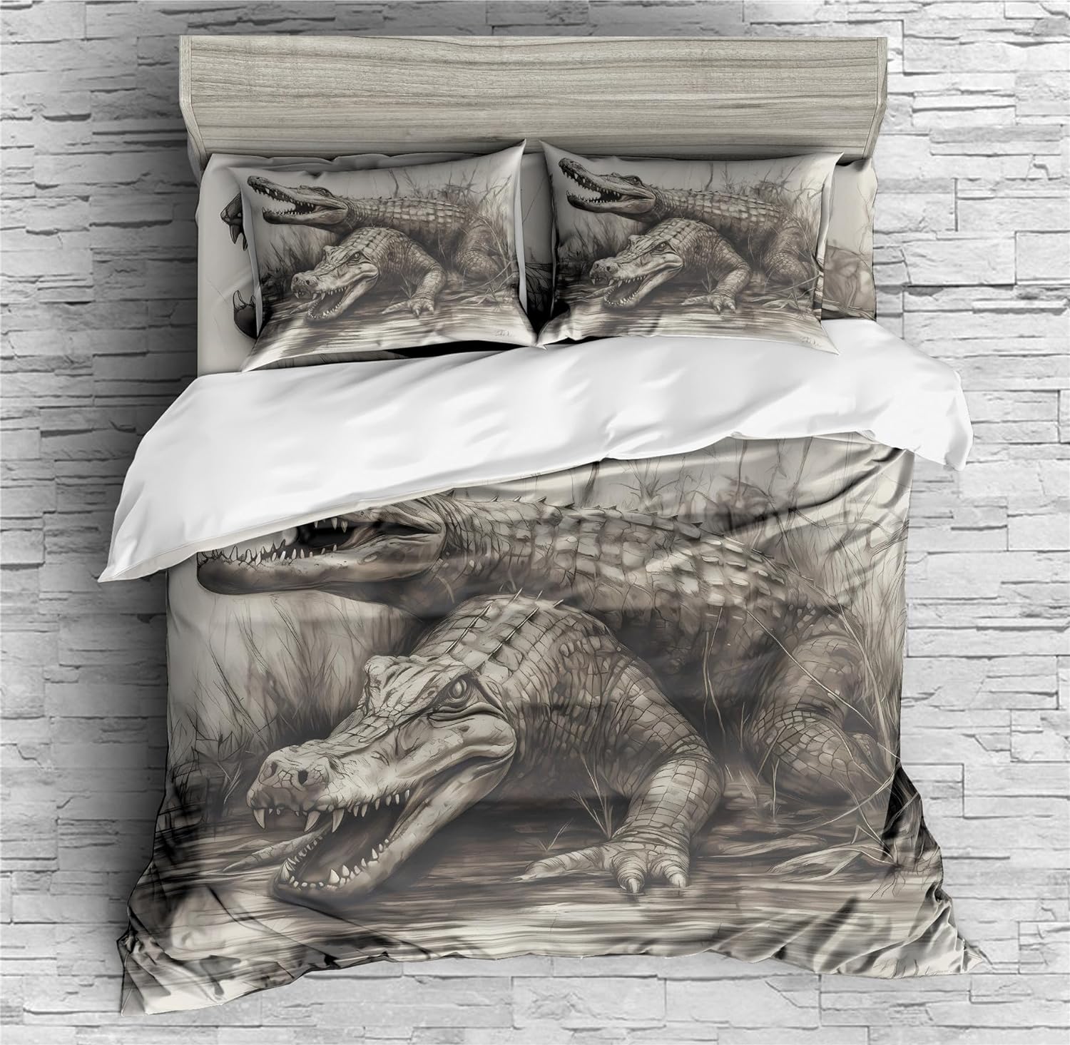 REALIN Retro Hand-Painted Crocodile Animal Bedding Crocodile Duvet Cover Set Girl Boy Kids Bed Sets 2/3/4PCS Quilt Covers/Sheets/Pillow Shams,Twin/Full/Queen/King (B,Twin-172x218cm-3PCS)