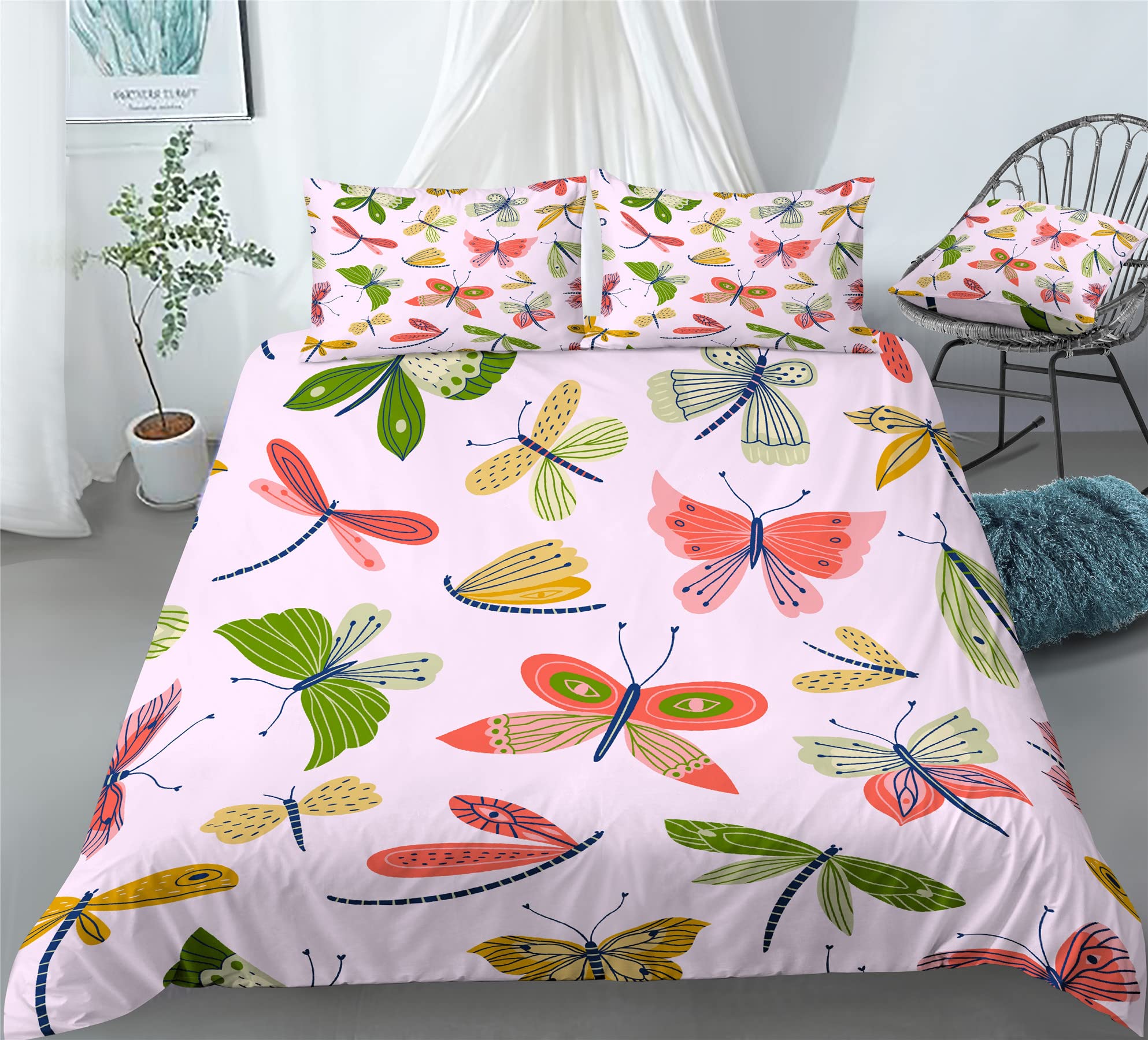 REALIN Butterfly Wings Prints Bedding Butterfly Prints Flowers Duvet Cover Set Girl Boy Kids Bed Sets 2/3/4PCS Quilt Covers/Sheets/Pillow Shams,Twin/Full/Queen/King (B,Twin-172x218cm-3PCS)