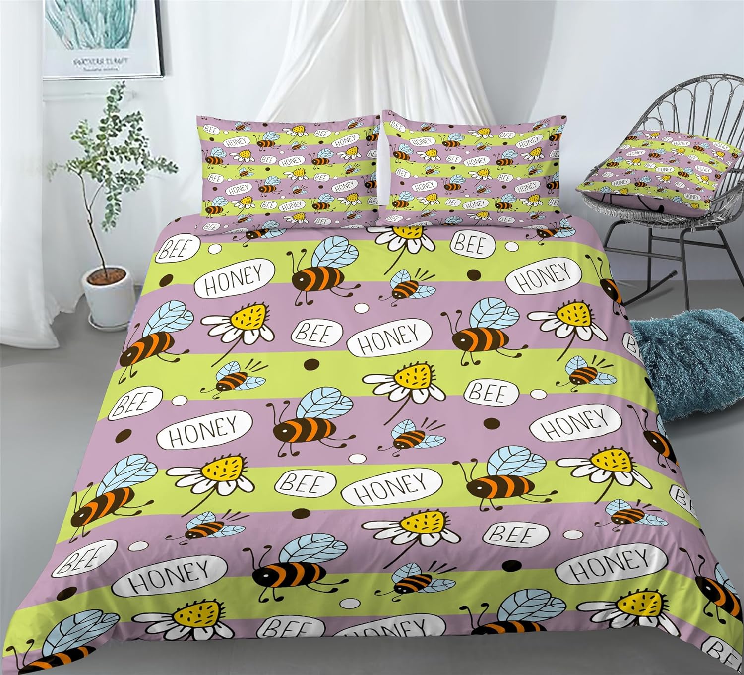 REALIN Bee Animals Prints Duvet Cover Set Honeybees Sweet Beehive Bedding Girl Boy Kids Bed Sets 2/3/4PCS Quilt Covers/Sheets/Pillow Shams,Twin/Full/Queen/King (B,King-229x259cm-3PCS)